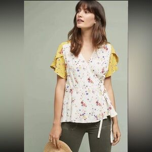 Meadow Rue Anthropologie Bon Voyage Floral Wrap Top Blouse Size 6 Yellow Ivory